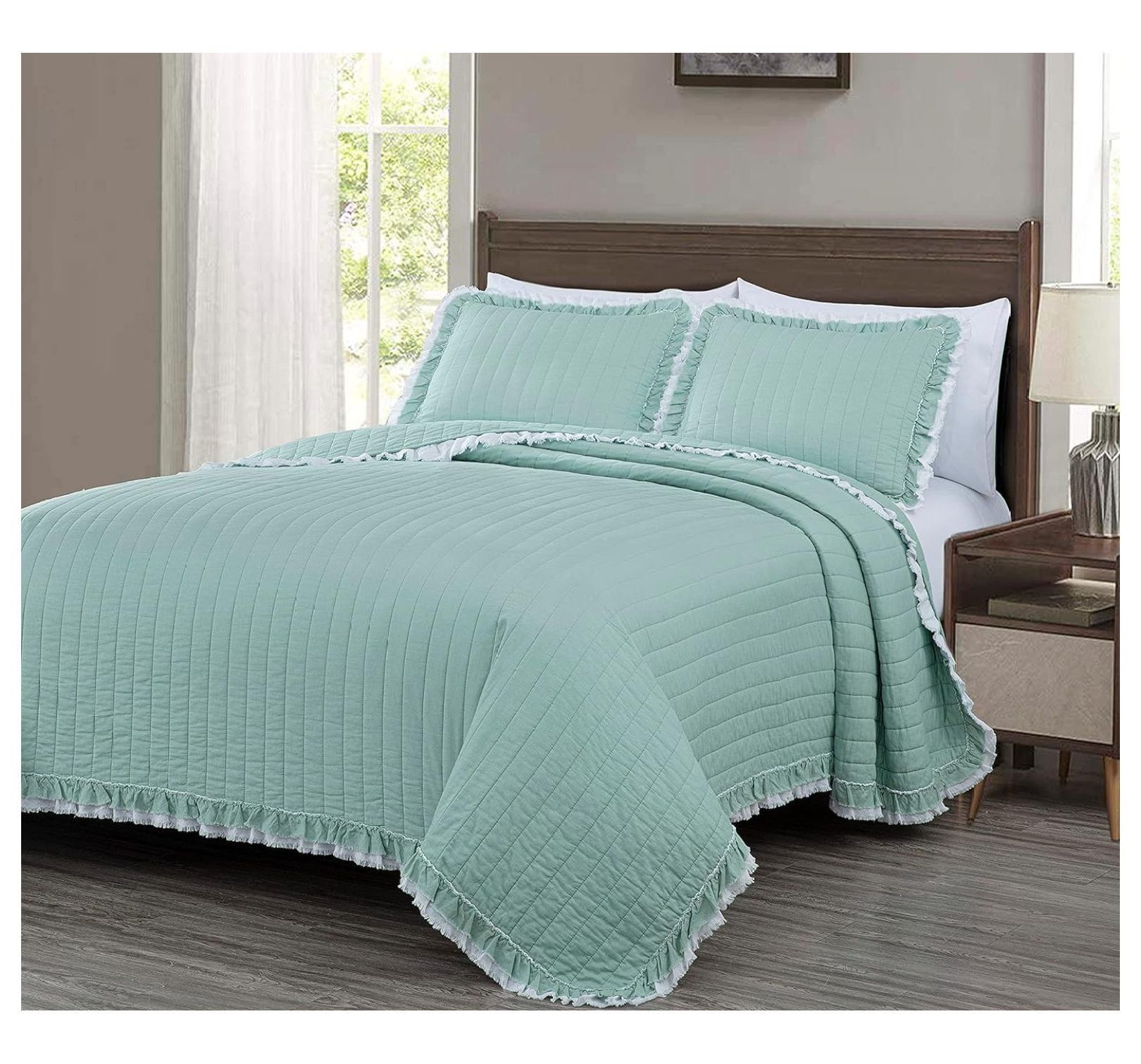 King Size Aqua Cotton Reversible Quilt Set with Shams