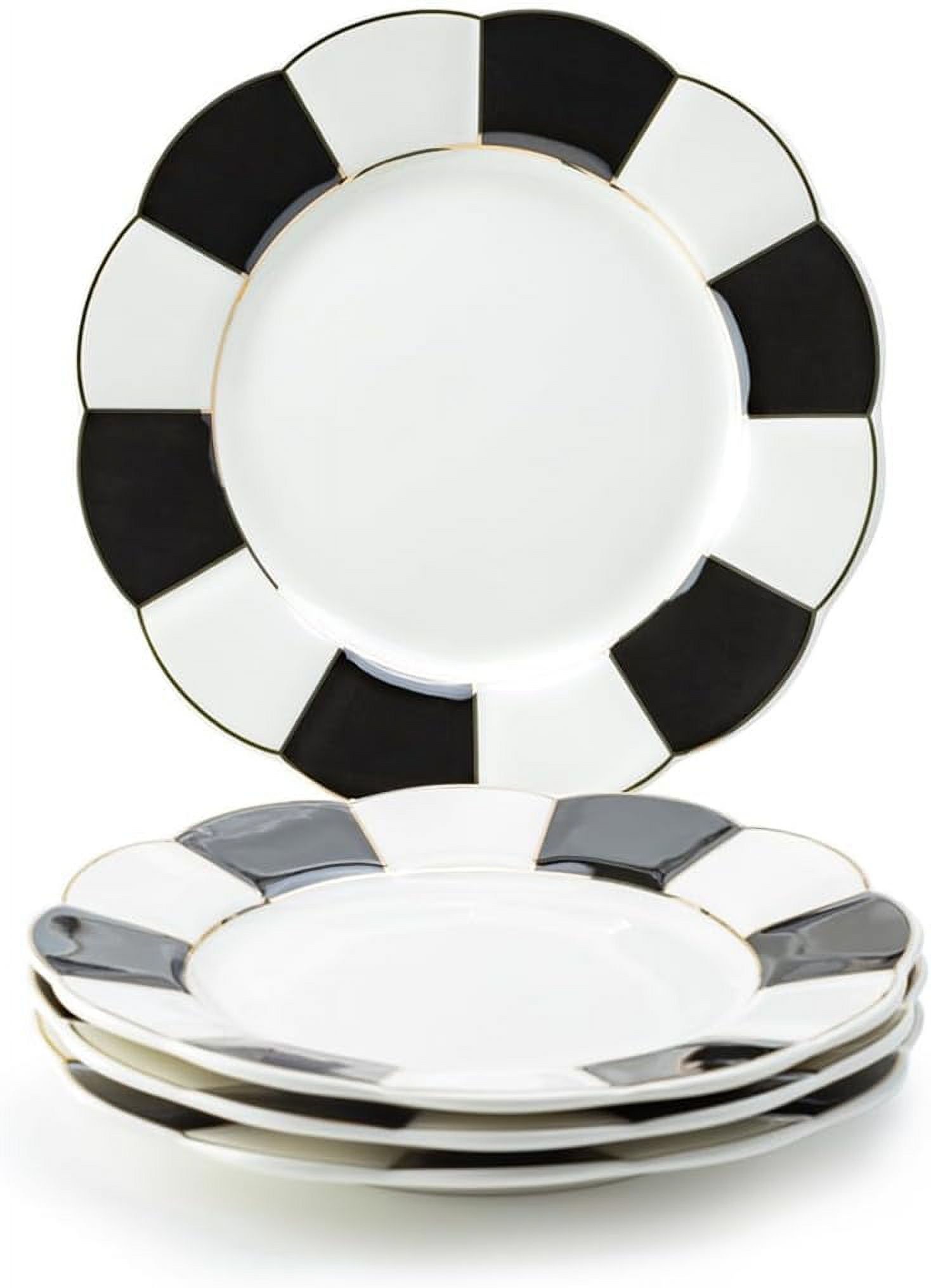 Grace 8" Black and White Porcelain Scallop Dessert Plates with Gold Trim, Set of 4