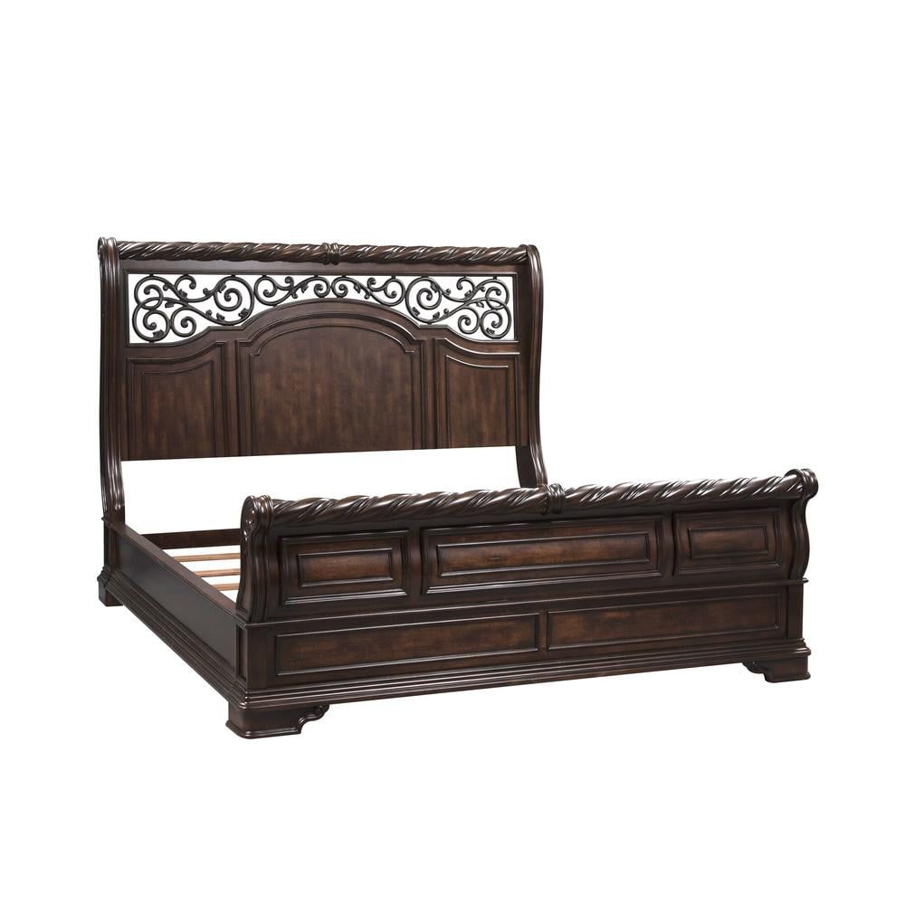 Arbor Place King Brown Wood Sleigh Bed with Metal Headboard