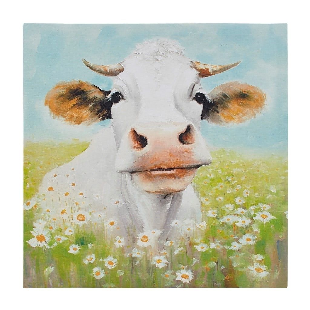 Whimsical Cow in Meadow Canvas Wall Art 16x20 Inch