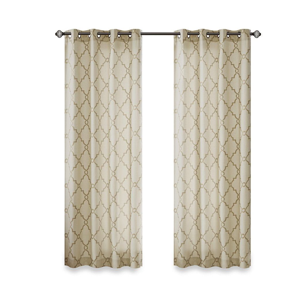 Beige and Gold Cotton Geometric Grommet Curtain Panel 50x95"