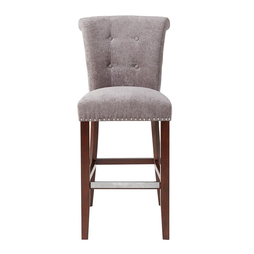 Elegant Saddle-Style 30" Gray Wood Bar Stool with Button Tufted Back