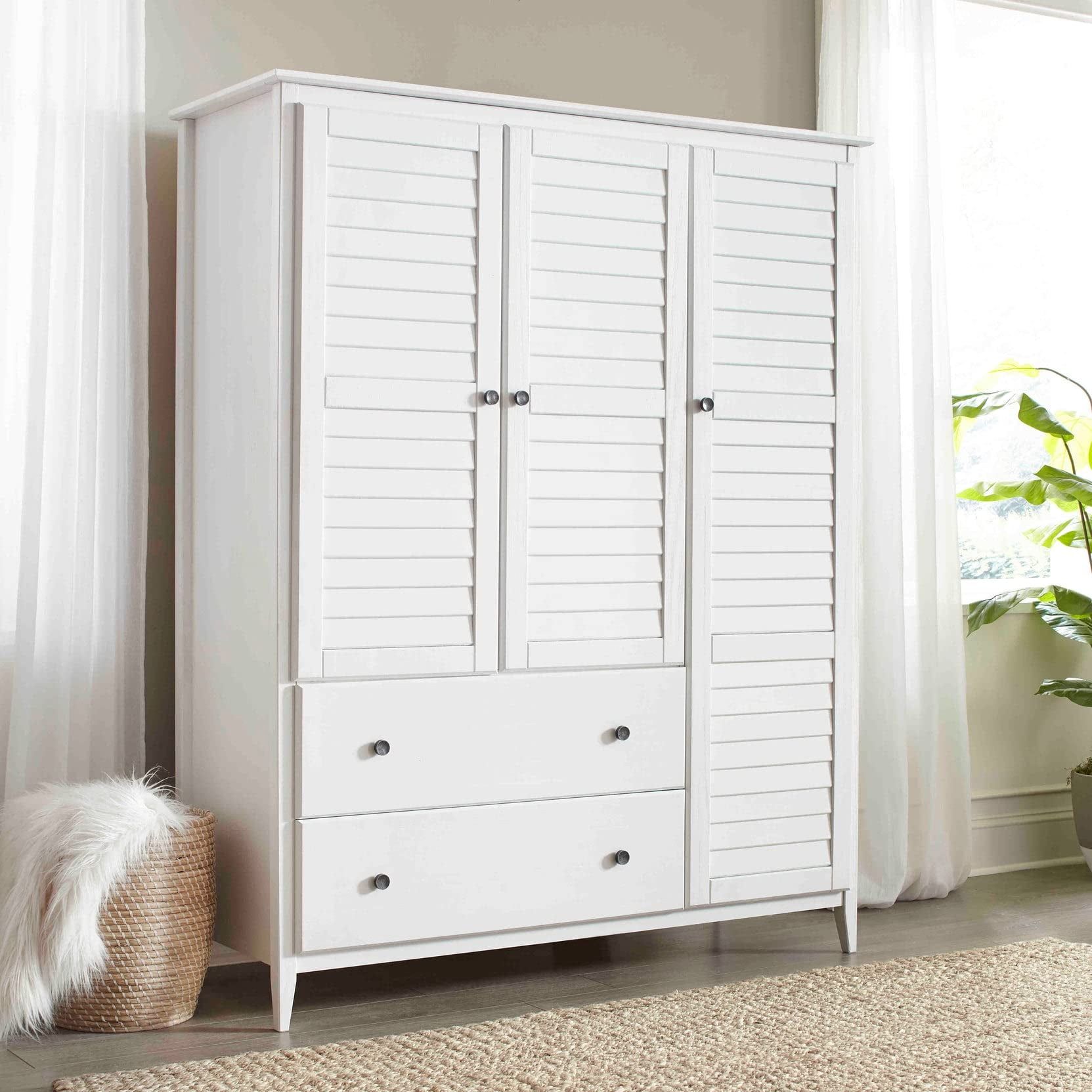 Brushed White Solid Pine Coastal 3-Door Armoire