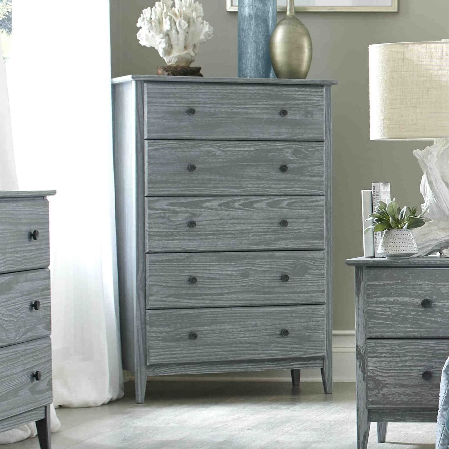 Brushed Grey Coastal 5-Drawer Solid Pine Chest