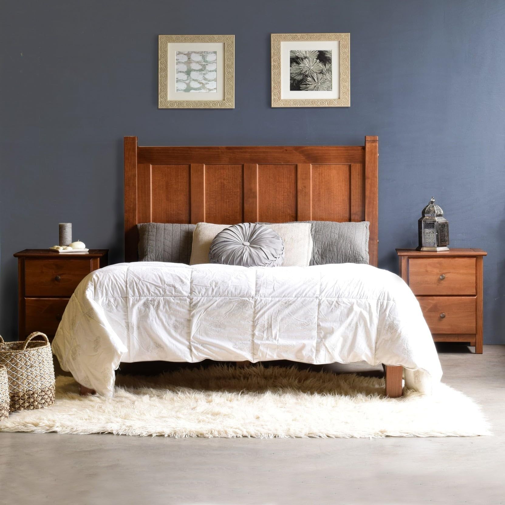 King Size Walnut Pine Wood Platform Bed with Headboard and Drawer