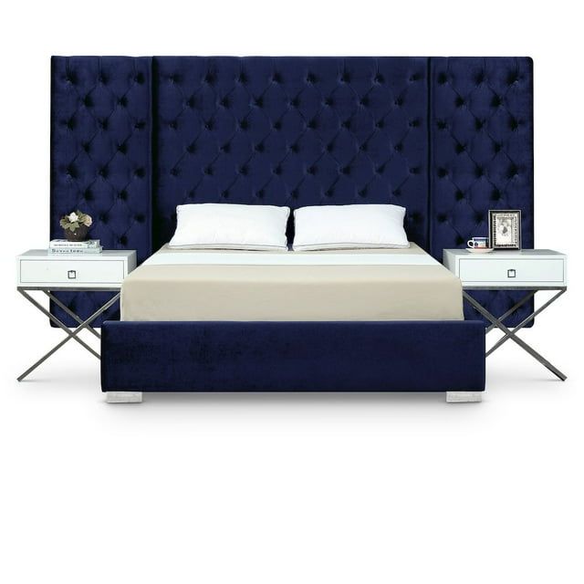 Grande Navy Velvet Queen Bed with Tufted Headboard and Chrome Legs