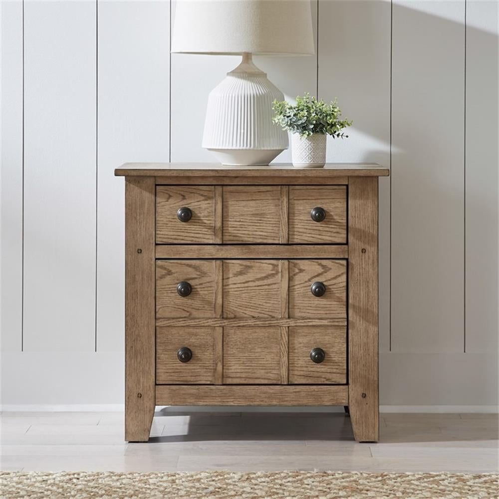 Rustic Brown Oak 2-Drawer Nightstand with Antique Brass Knobs