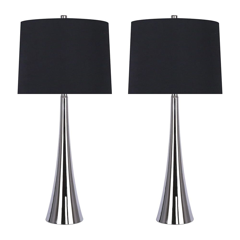 Polished Nickel Tall Table Lamps with Black Linen Shade, Set of 2