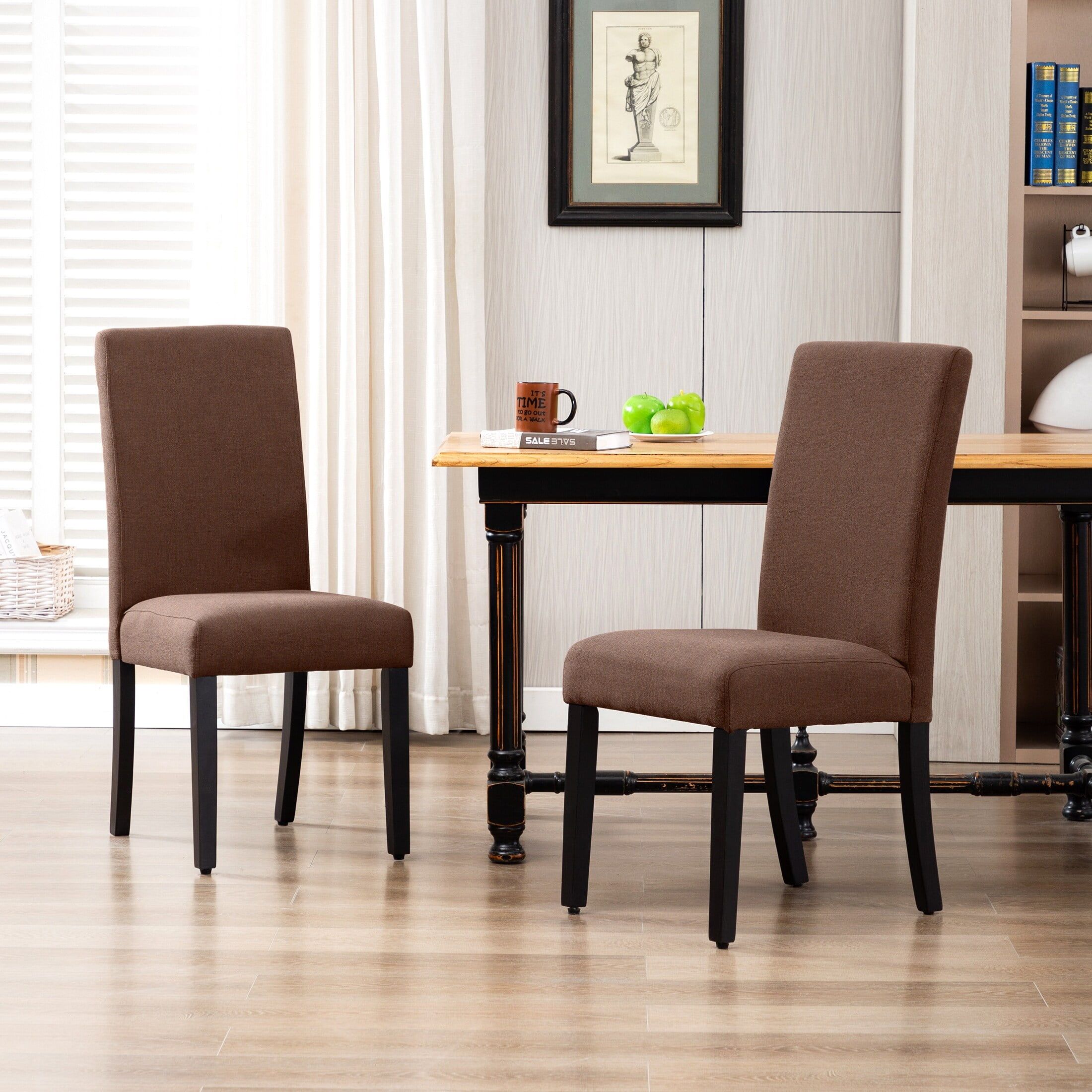 Brown Linen Upholstered Parsons Dining Chair with Rubberwood Legs