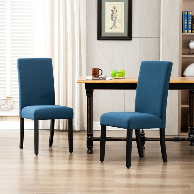 Navy Blue Linen Upholstered Parsons Dining Chair with Rubberwood Legs