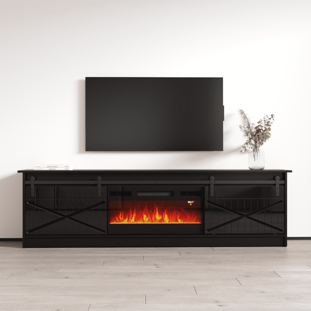 Granero Black High Gloss Electric Fireplace TV Stand, 79"