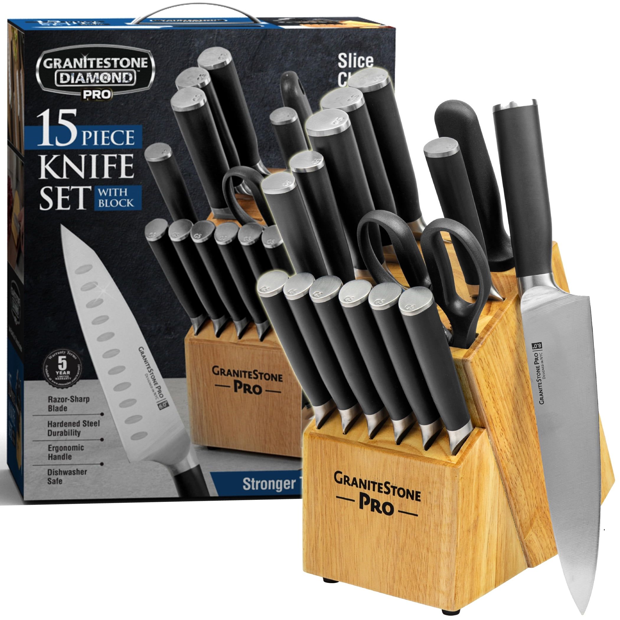 GraniteStone Pro 15-Piece Stainless Steel Knife Set with Wooden Block