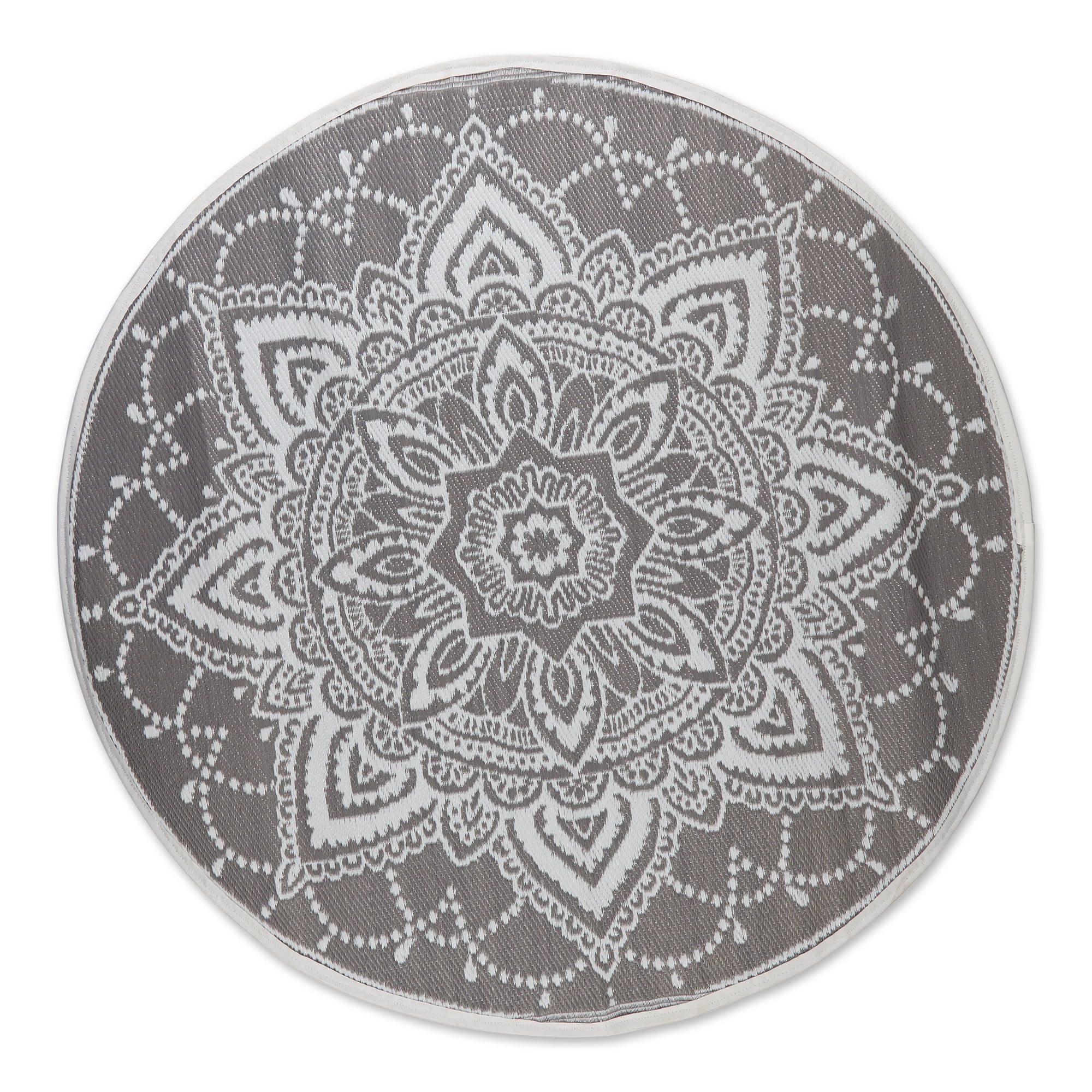 Reversible Gray Boho Floral Synthetic Round Rug, 5 ft