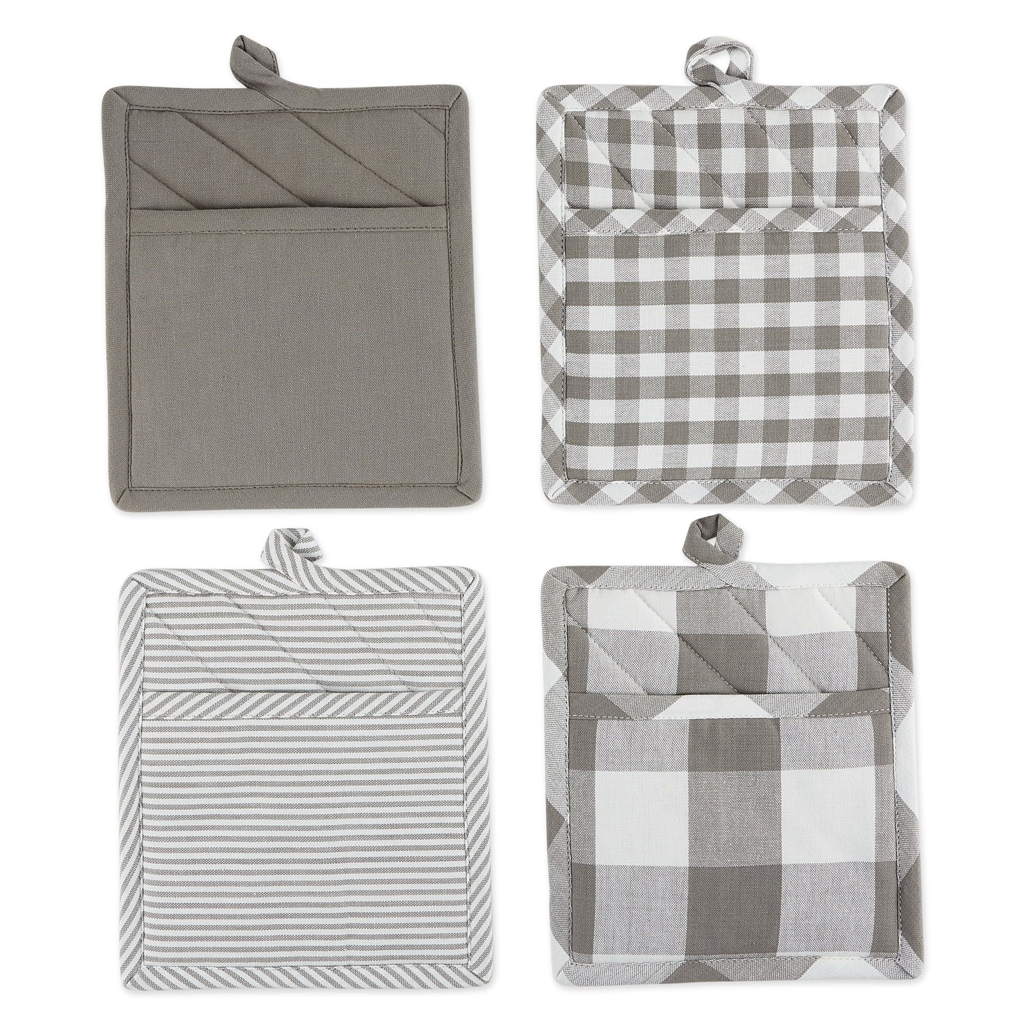 Gray and White Cotton Polyester Potholder Set of 4