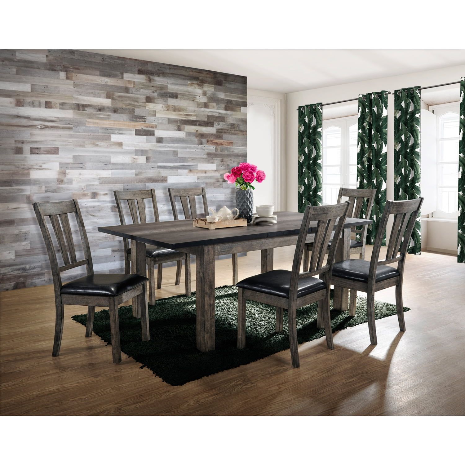 Grayson Rustic Farmhouse 7PC Dining Set with Gray Oak Finish and Black Faux Leather Chairs