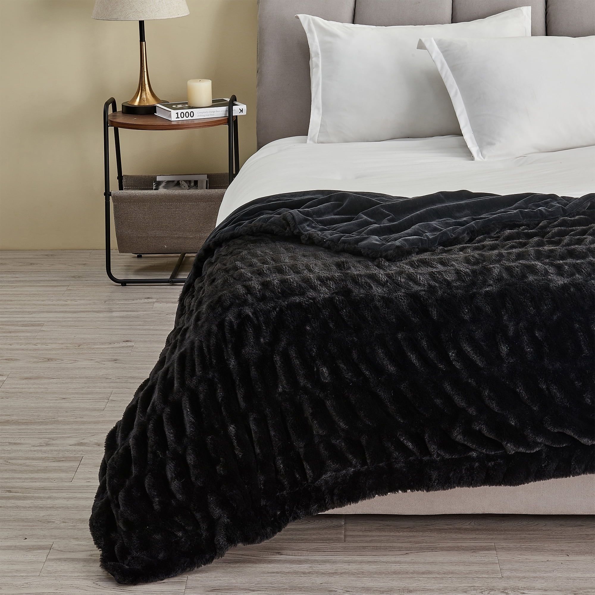 Black Faux Fur Reversible Throw Blanket with Ruched Design, 50" x 60"