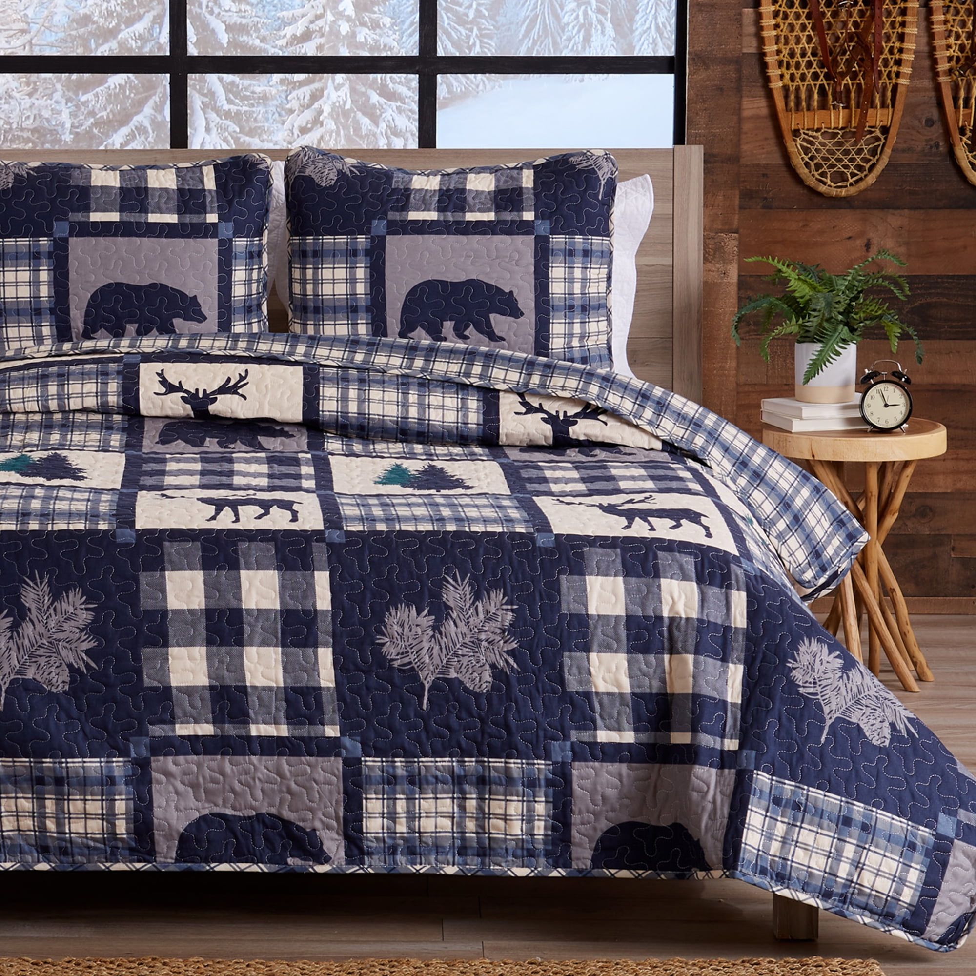 Navy and Grey Rustic Lodge Reversible Full Quilt Set