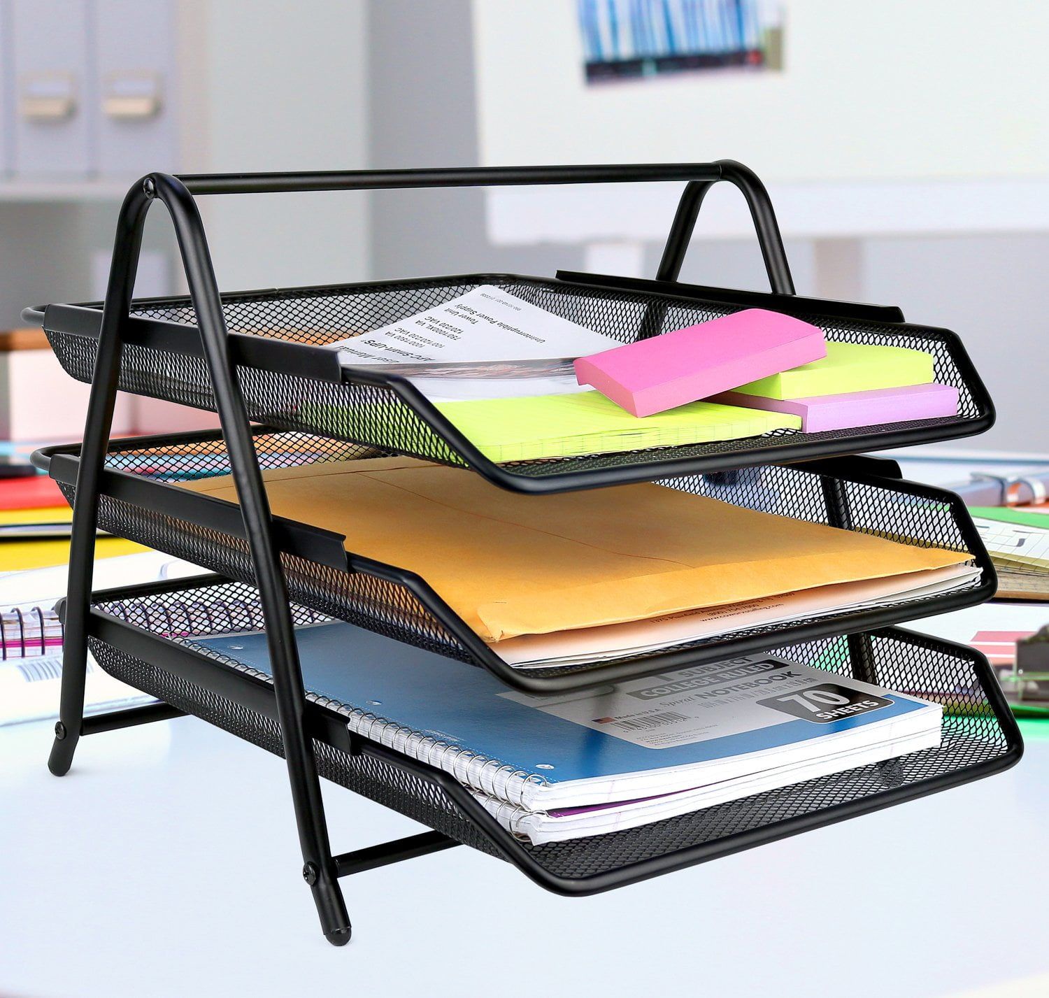 Black Metal 3-Tier Mesh Letter Tray Desk Organizer