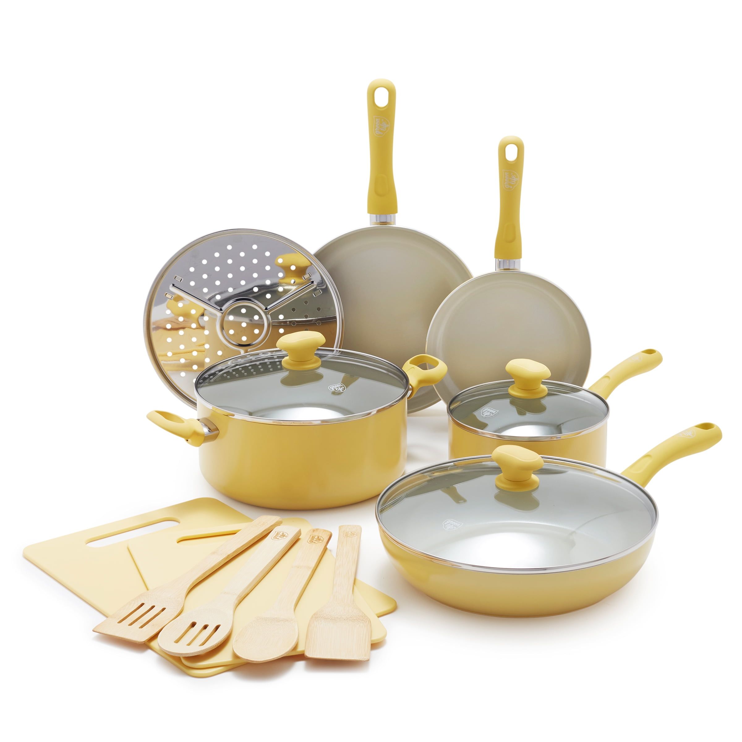 Yellow 15-Piece Nonstick Aluminum Cookware Set with Glass Lids