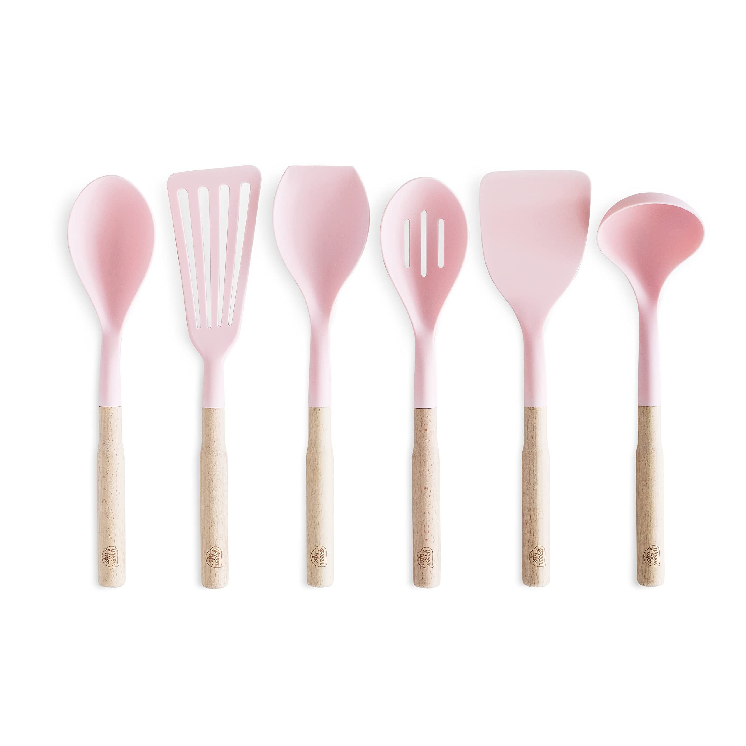 Pink Nylon and Wood 7-Piece Cooking Utensil Set