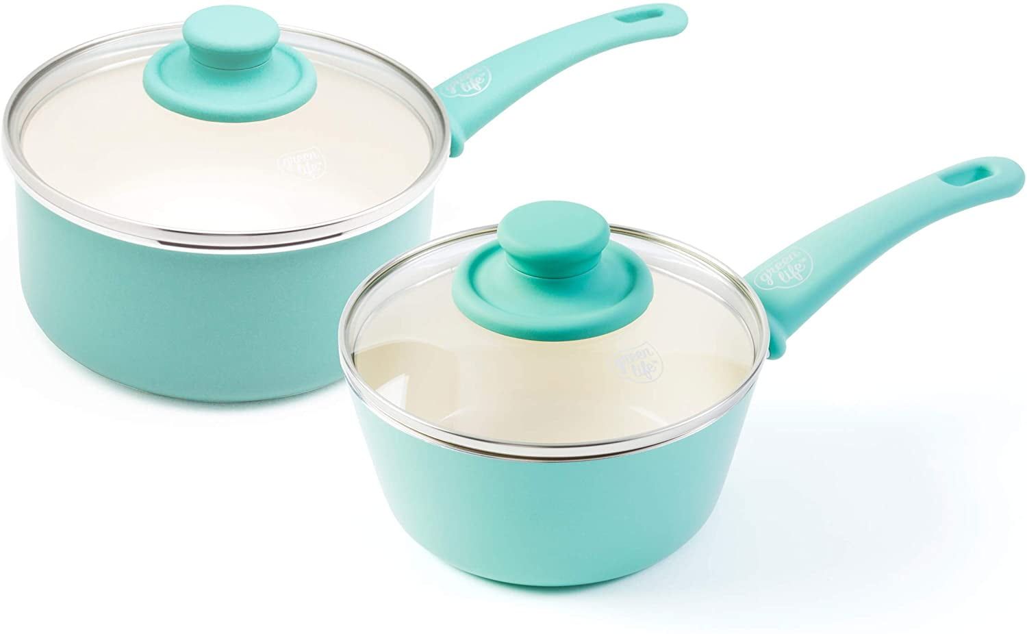 Turquoise Aluminum Nonstick Saucepan Set with Glass Lids, 1 Qt & 2 Qt