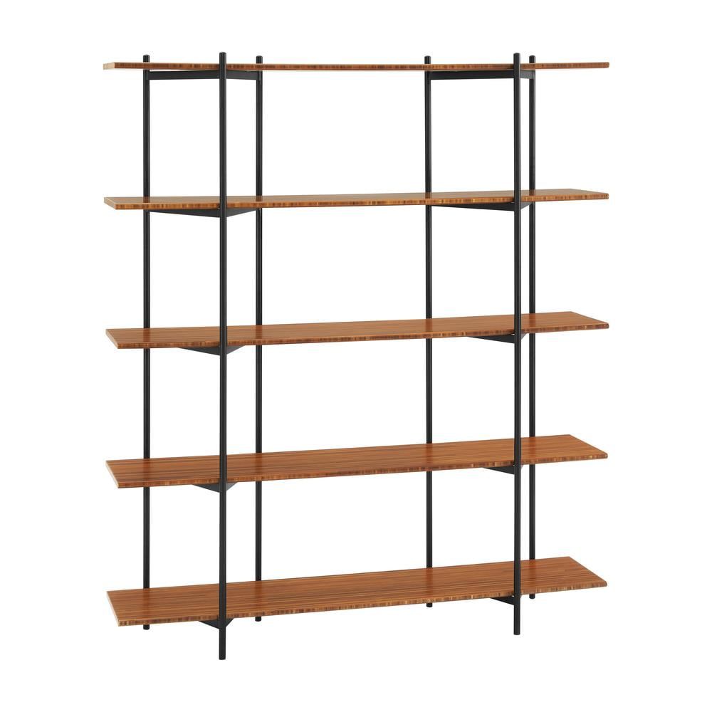 Amber Bamboo and Black Metal 5-Shelf Bookcase