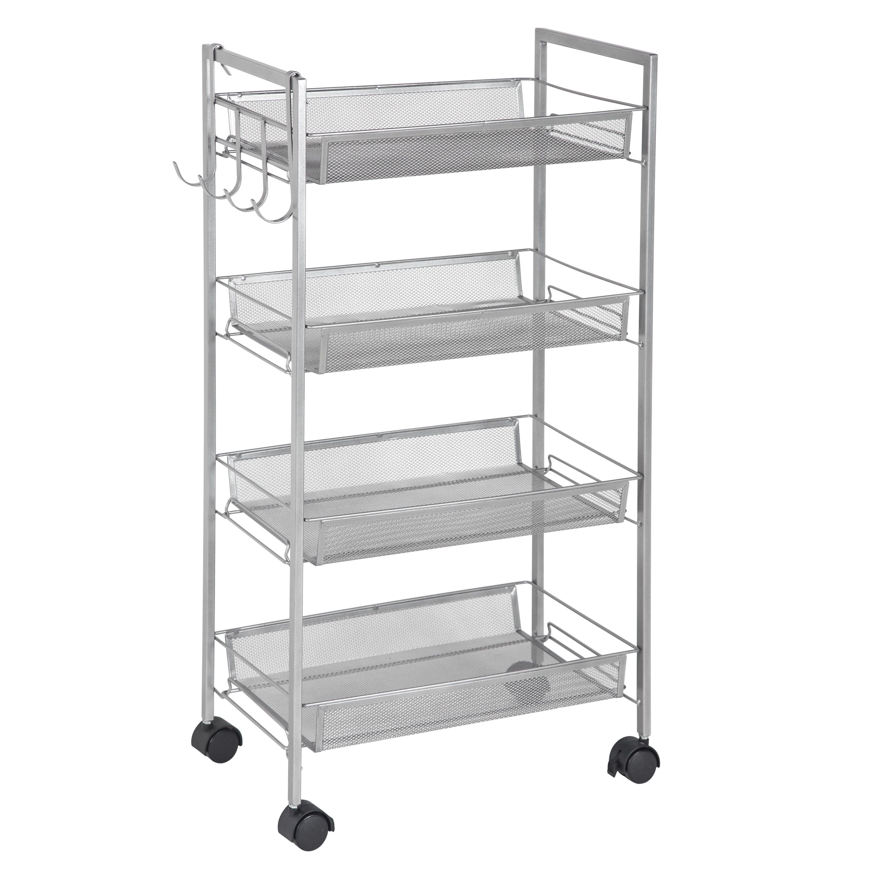 Silver 4-Tier Mobile Steel Kitchen Storage Cart with Side Hooks