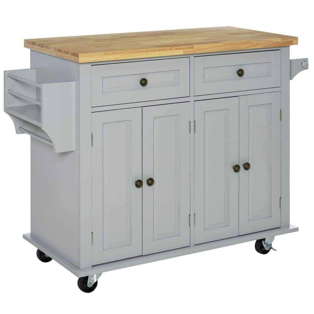 Gray Wood Kitchen Cart with Butcher Block Top and Spice Rack