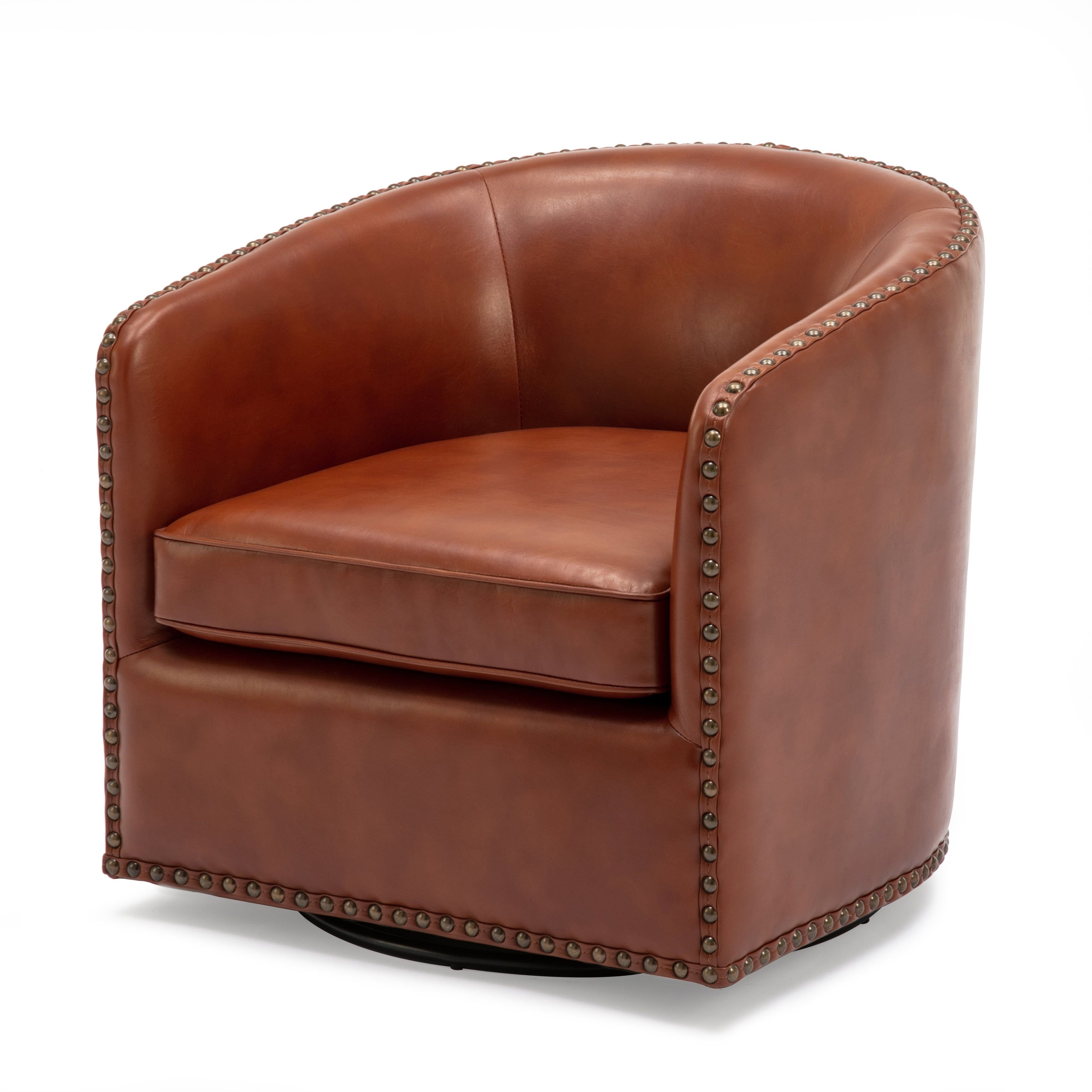 Caramel Faux Leather Barrel Swivel Accent Chair with Nailhead Trim