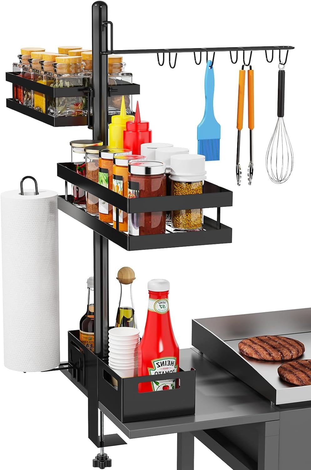 Black Steel Griddle Caddy with Paper Towel Holder