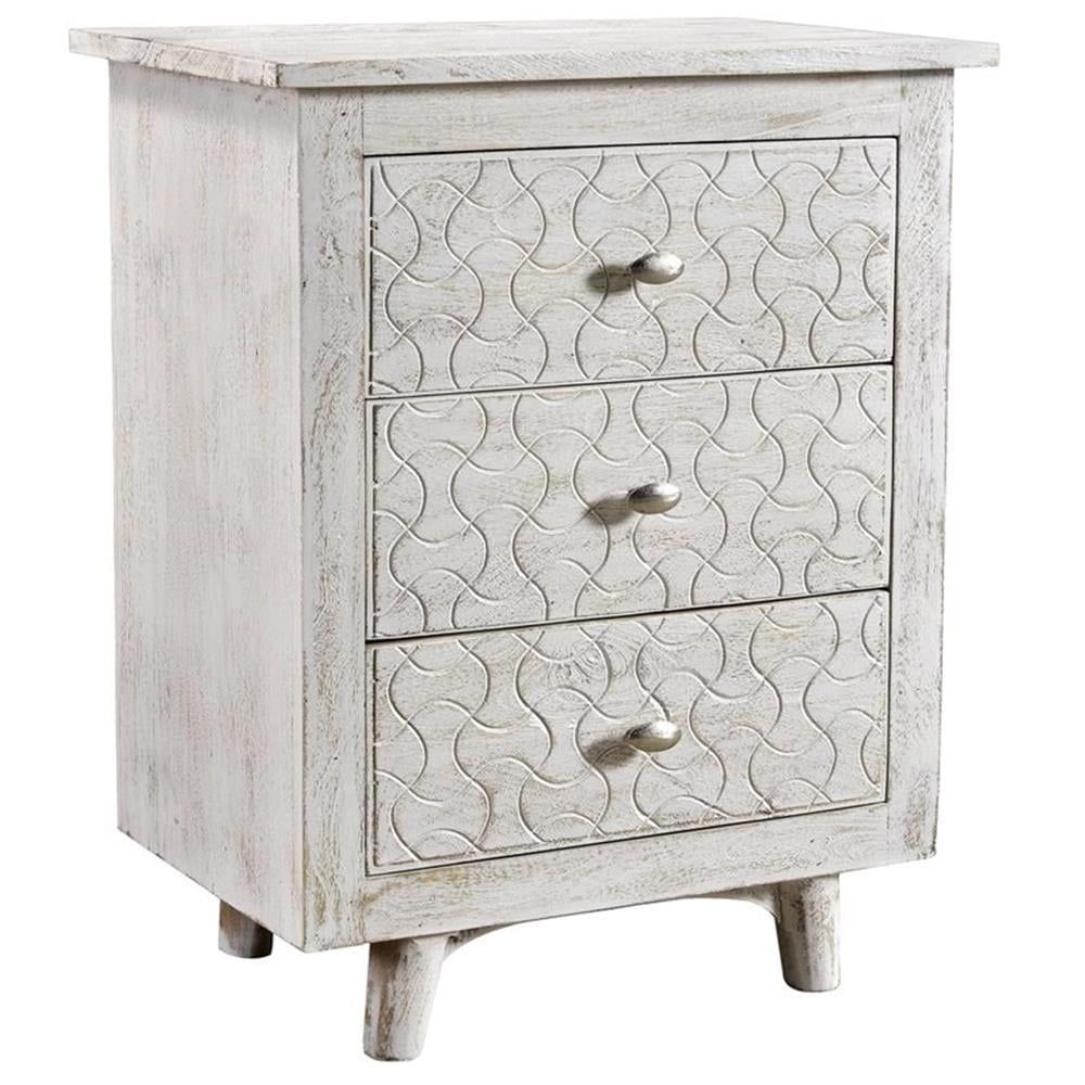 Gridley Hand-Carved White Wash 3-Drawer Nightstand in Mango Wood