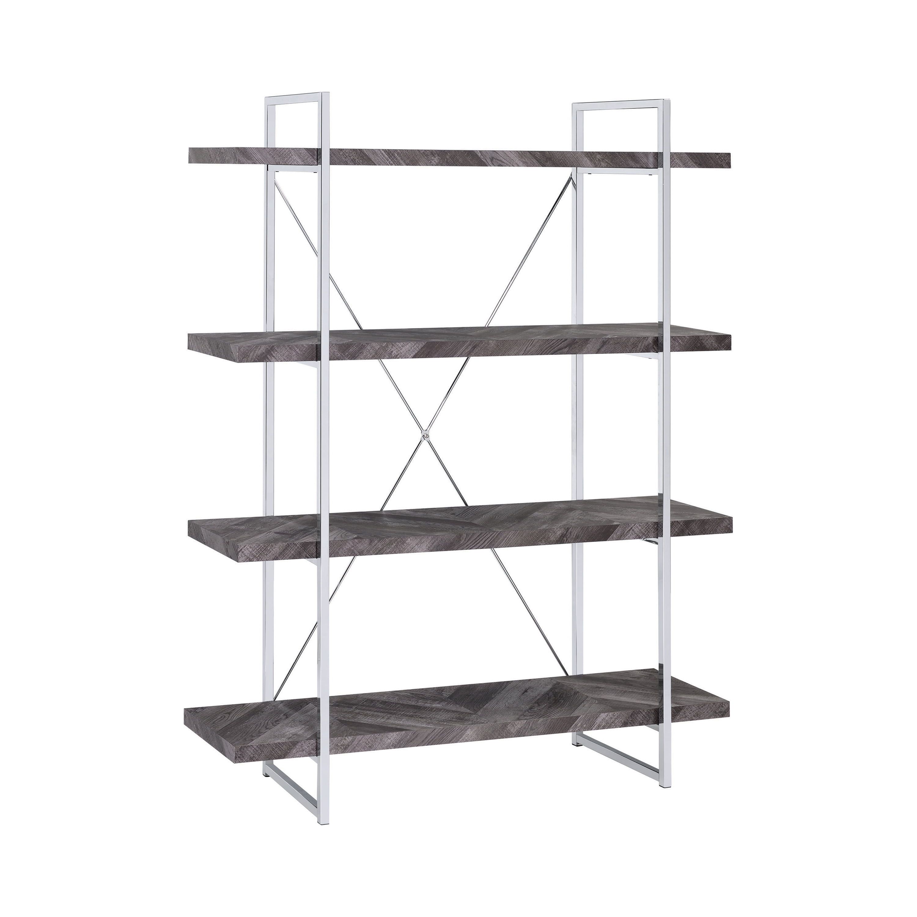 Grimma 47'' Rustic Gray Herringbone and Chrome Bookshelf