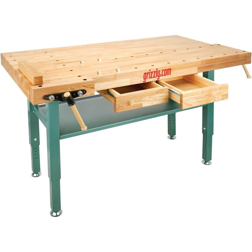 Heavy-Duty Lacquered Oak Workbench with Steel Legs