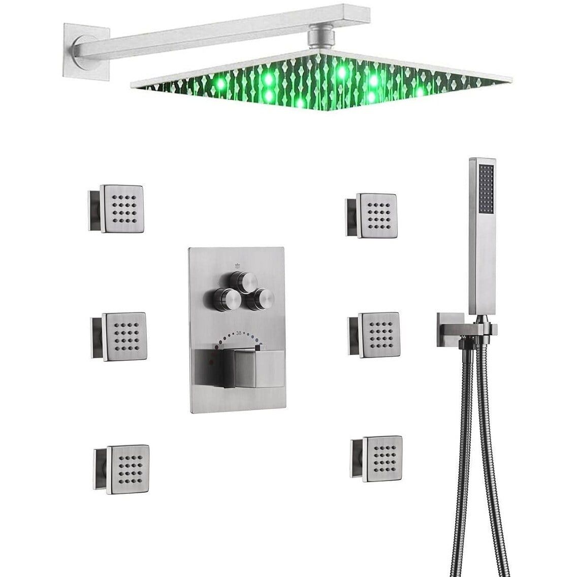 Brushed Nickel LED Wall Mounted Shower System with Body Jets