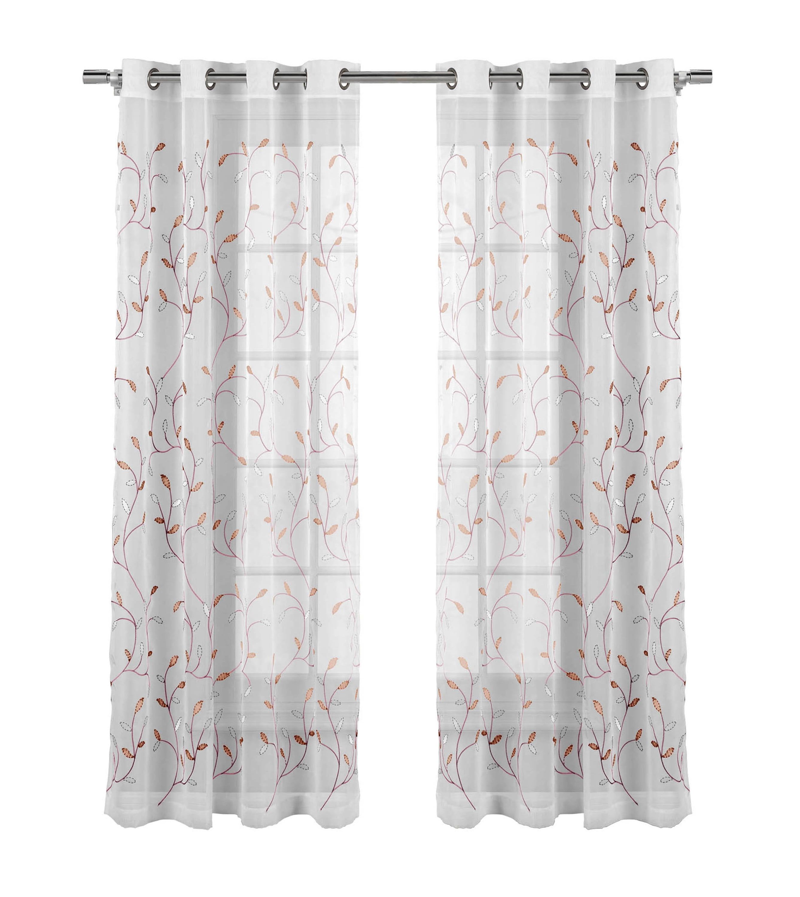 Sheer White Polyester Grommet Curtain Panel with Coral Leaves, 54" x 84"