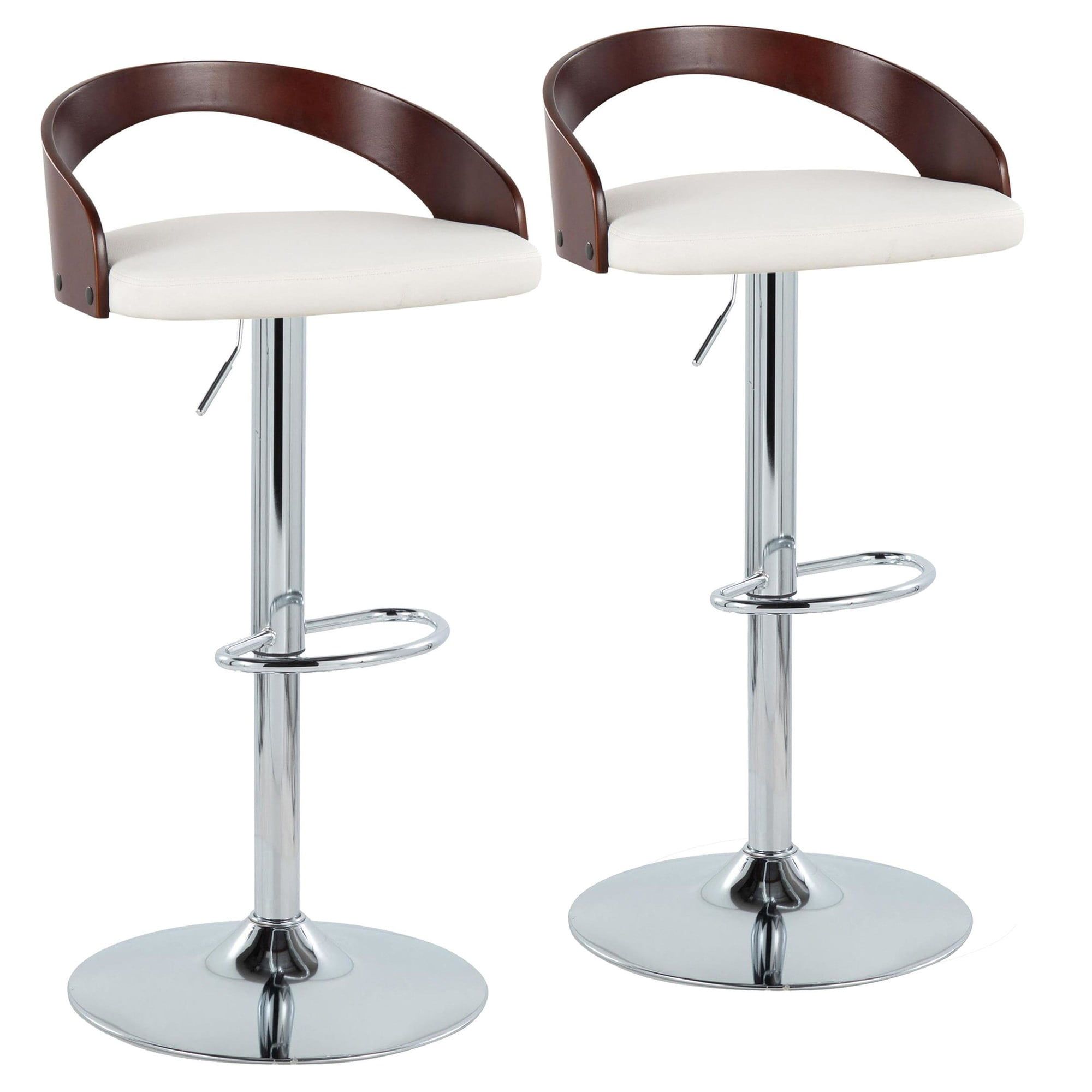 White Faux Leather Adjustable Swivel Barstools with Chrome Base, Set of 2