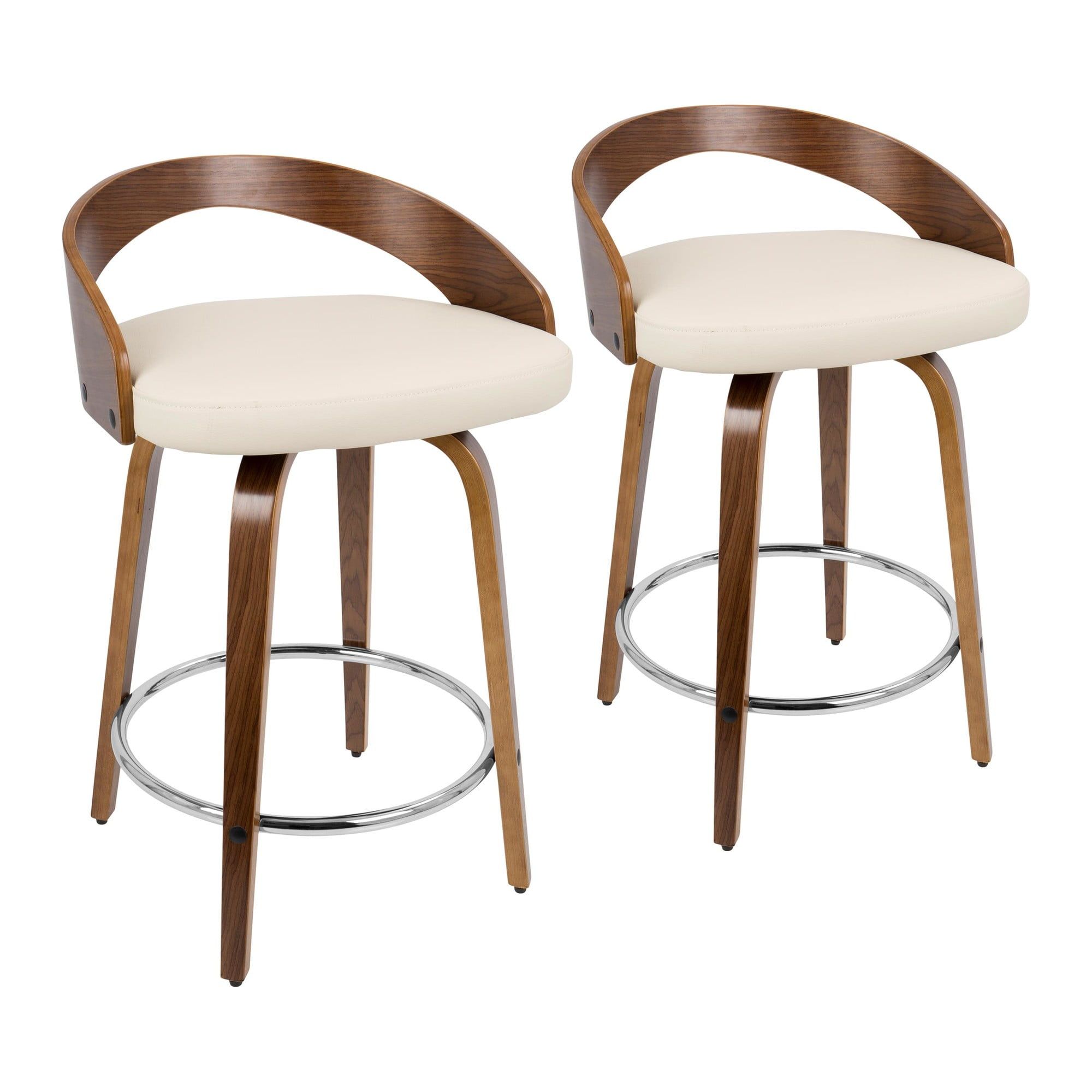 Walnut Wood and Cream Swivel Counter Stool with Chrome Footrest