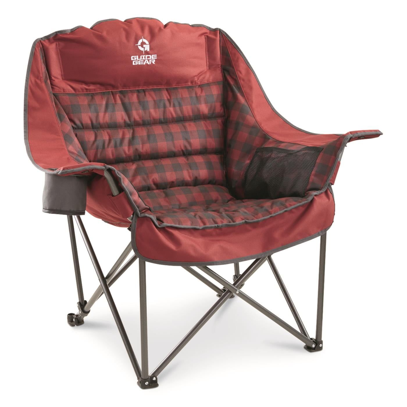 Oversized Red Plaid Padded Camping Chair with Steel Frame