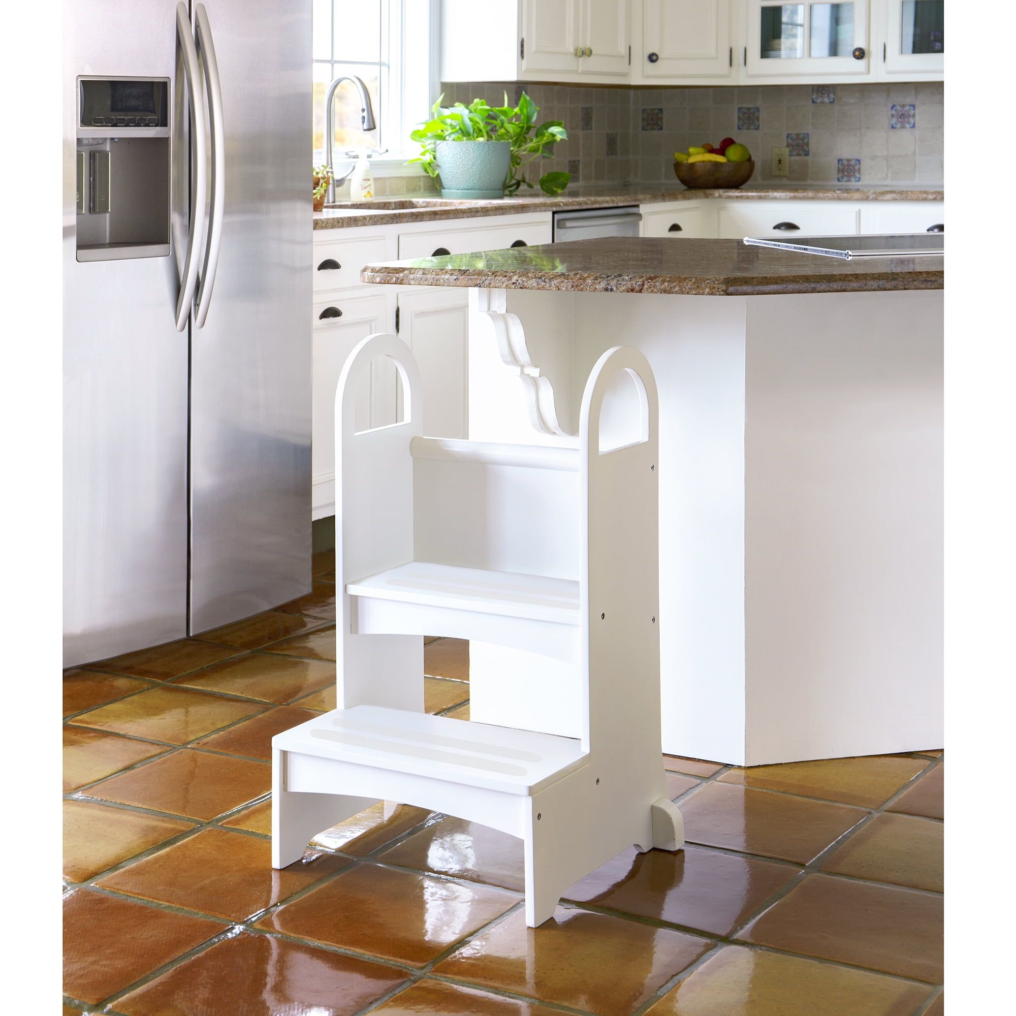 White Wooden Two-Step Stool with Handles and Non-Slip Treads