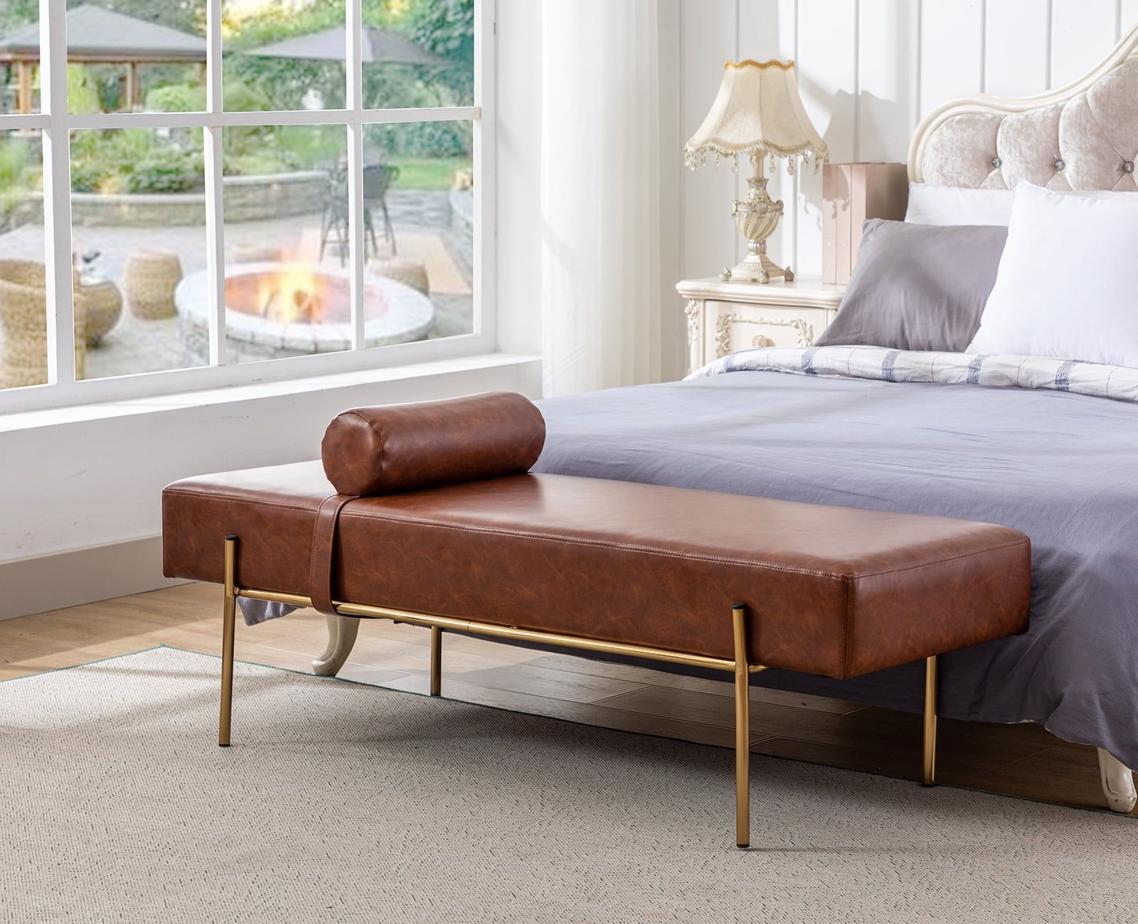 Brown Faux Leather Upholstered Bench with Gold Legs and Pillow