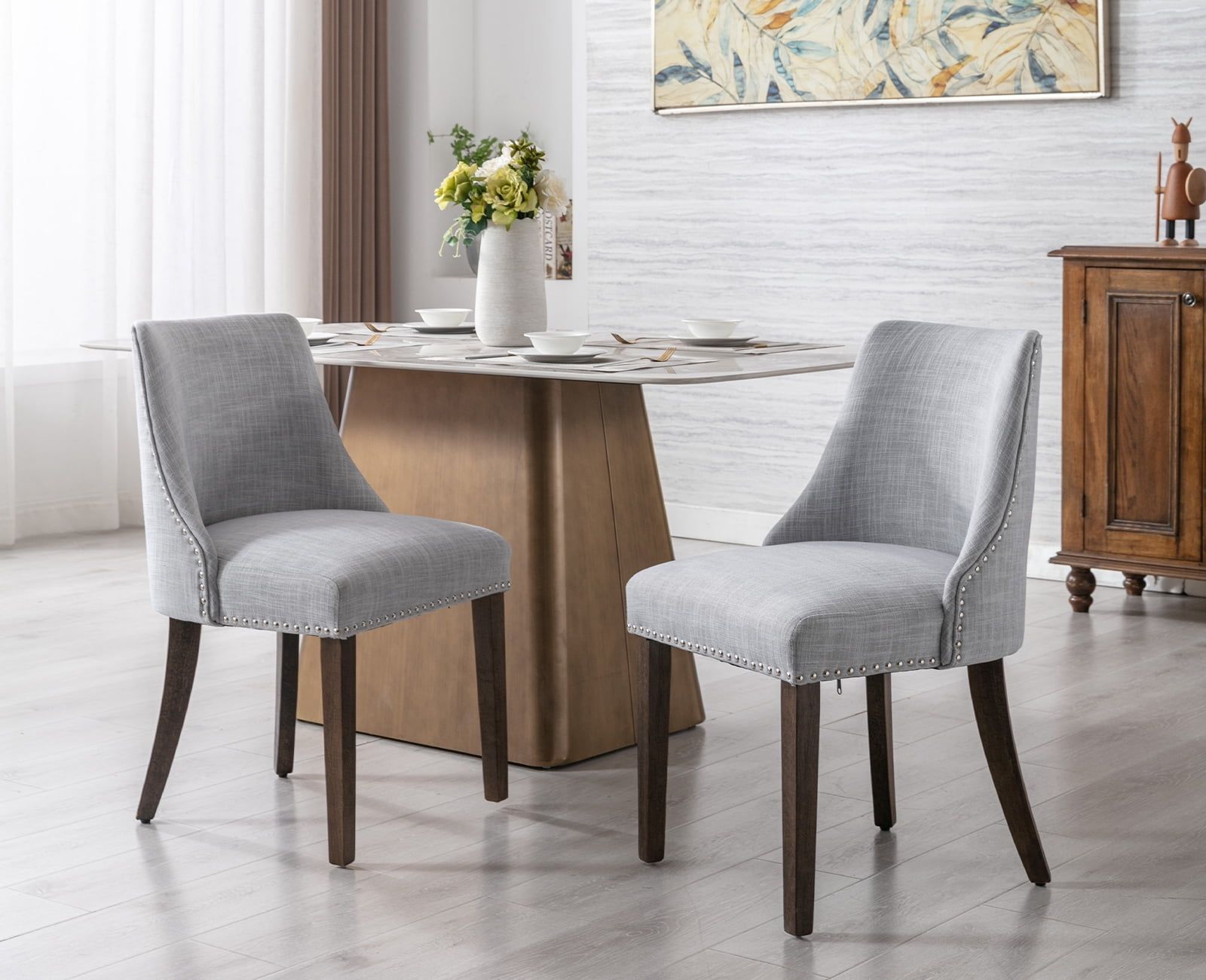 Gray Linen Upholstered Side Chairs with Nailhead Trim and Wood Legs