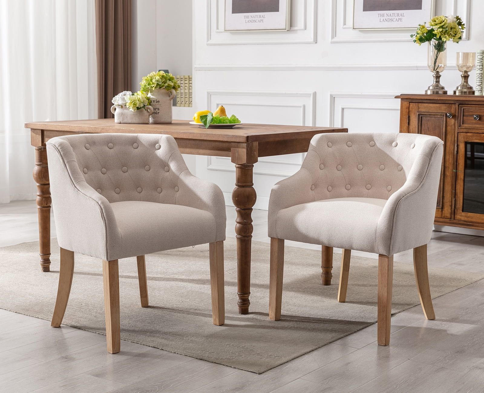 Beige Linen Upholstered Dining Arm Chair with Wood Legs