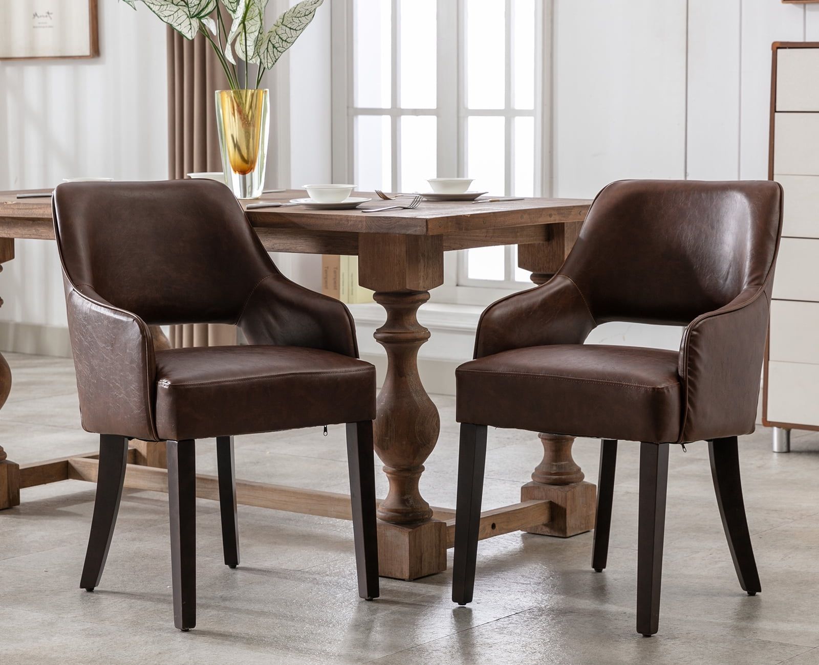 Brown Faux Leather Upholstered Side Chair with Wooden Legs