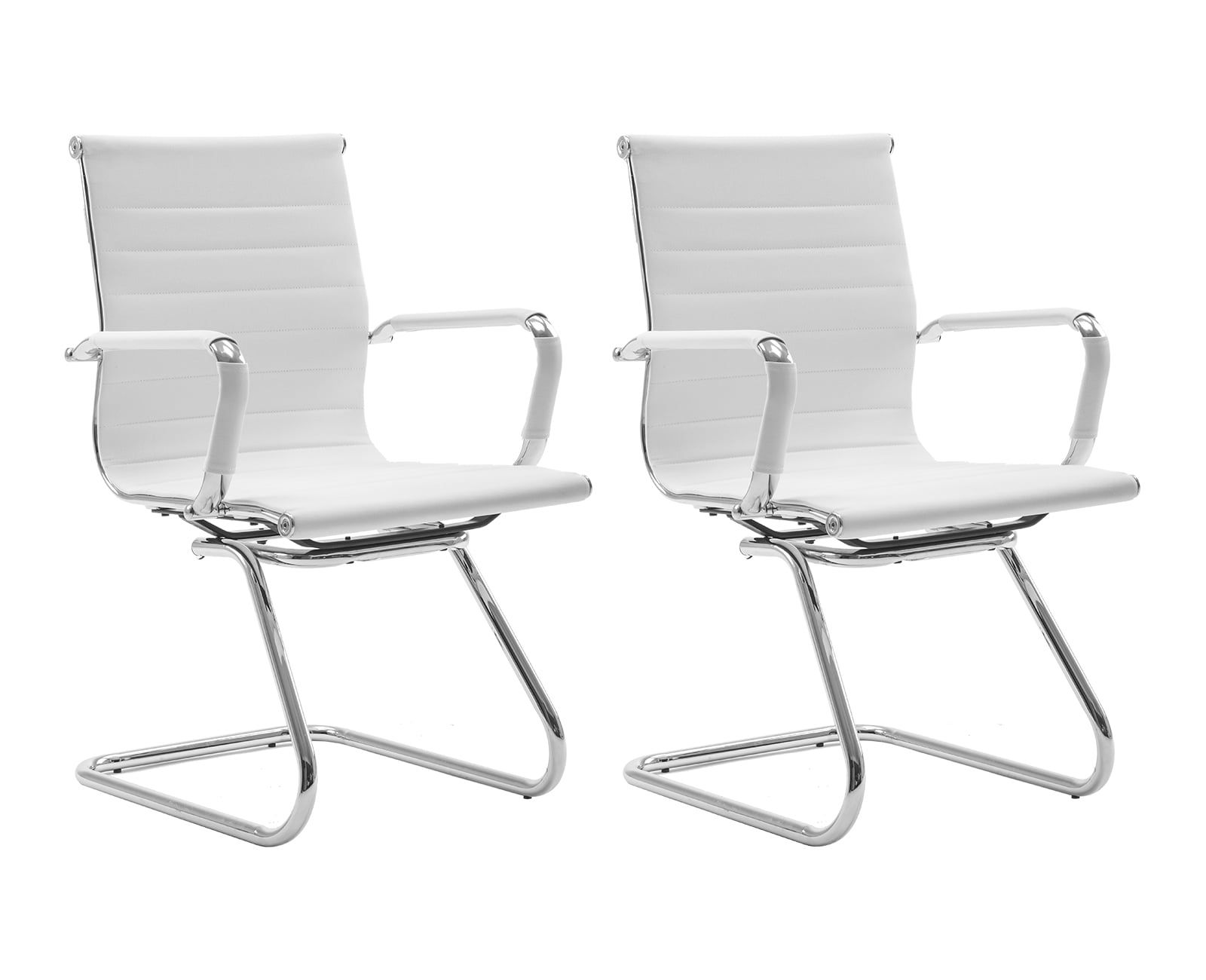 White Faux Leather Mid Back Office Guest Chairs with Metal Sled Base, Set of 2