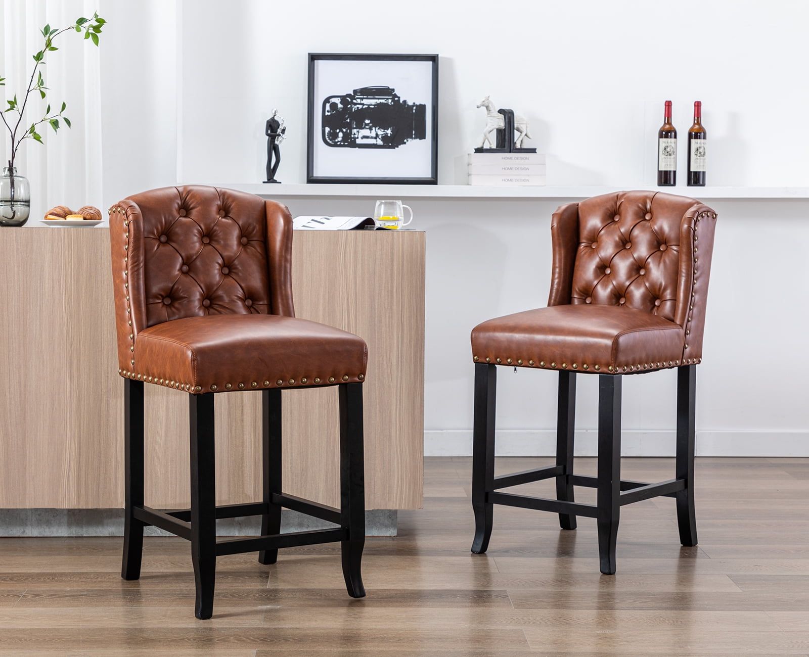 Brown PU Upholstered 26" Tufted Bar Stools with Nailhead Trim