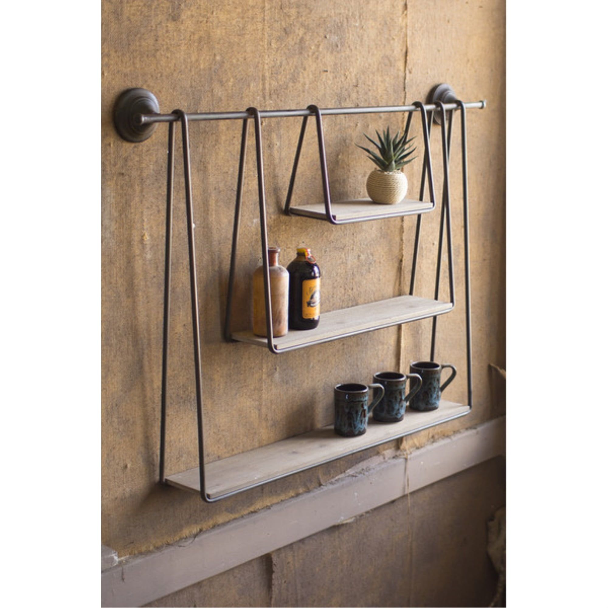 Brown Wood and Metal Floating Accent Shelf