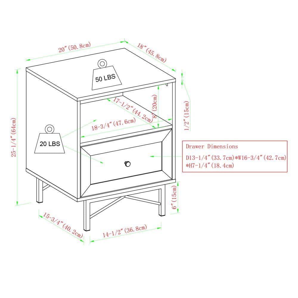 Gwen 20" Dark Walnut and White Poplar 1-Drawer Nightstand