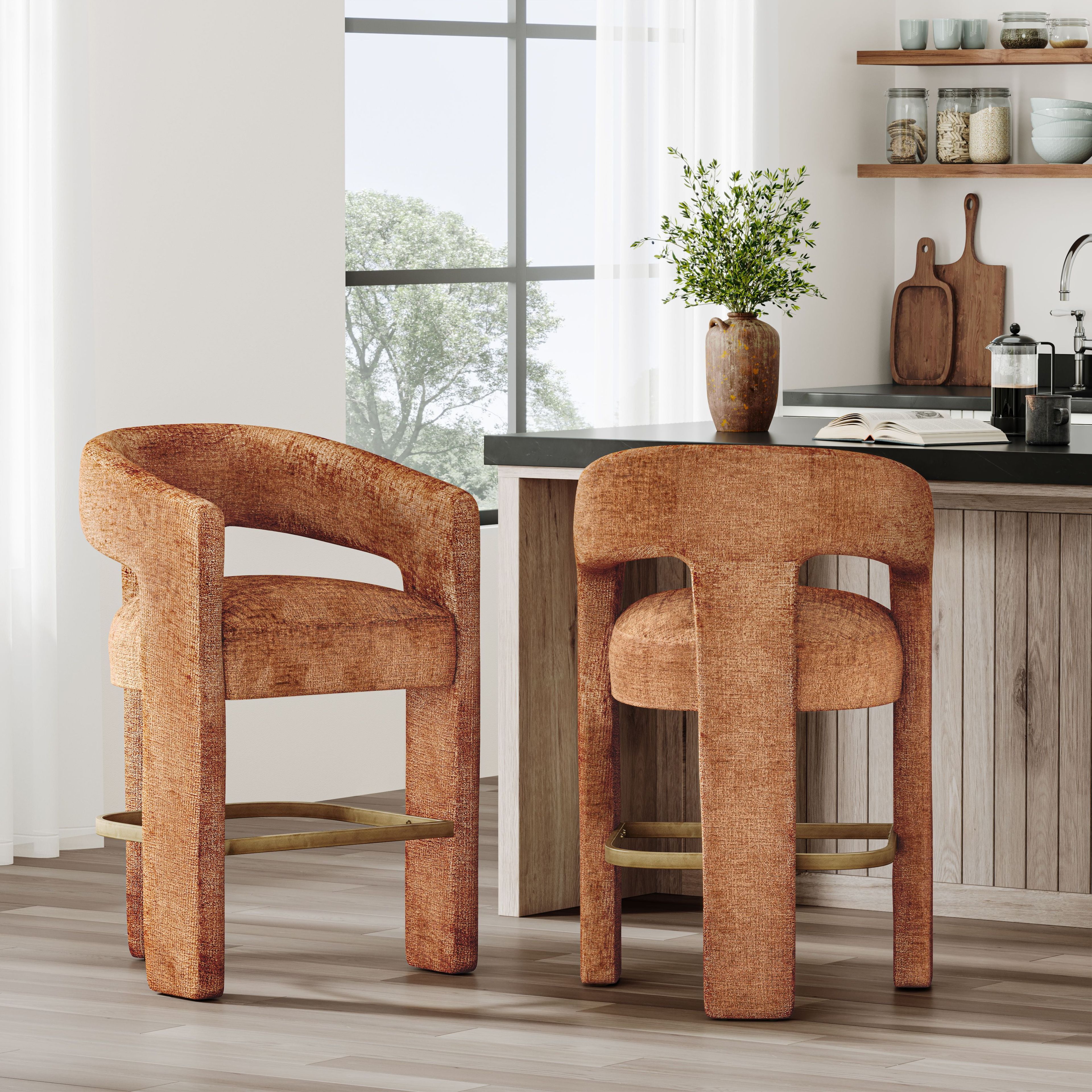 Rust Jacquard Fabric and Metal Counter Stool