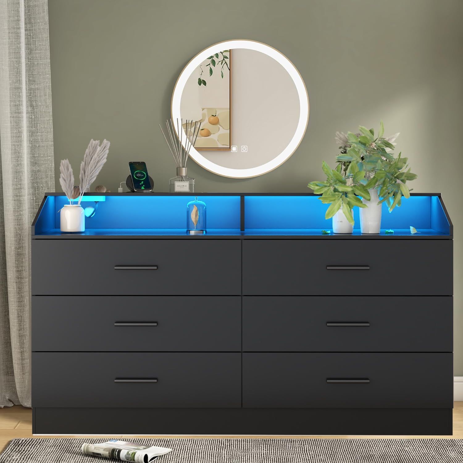 Black Double Wide Dresser with LED Light and Charging Station