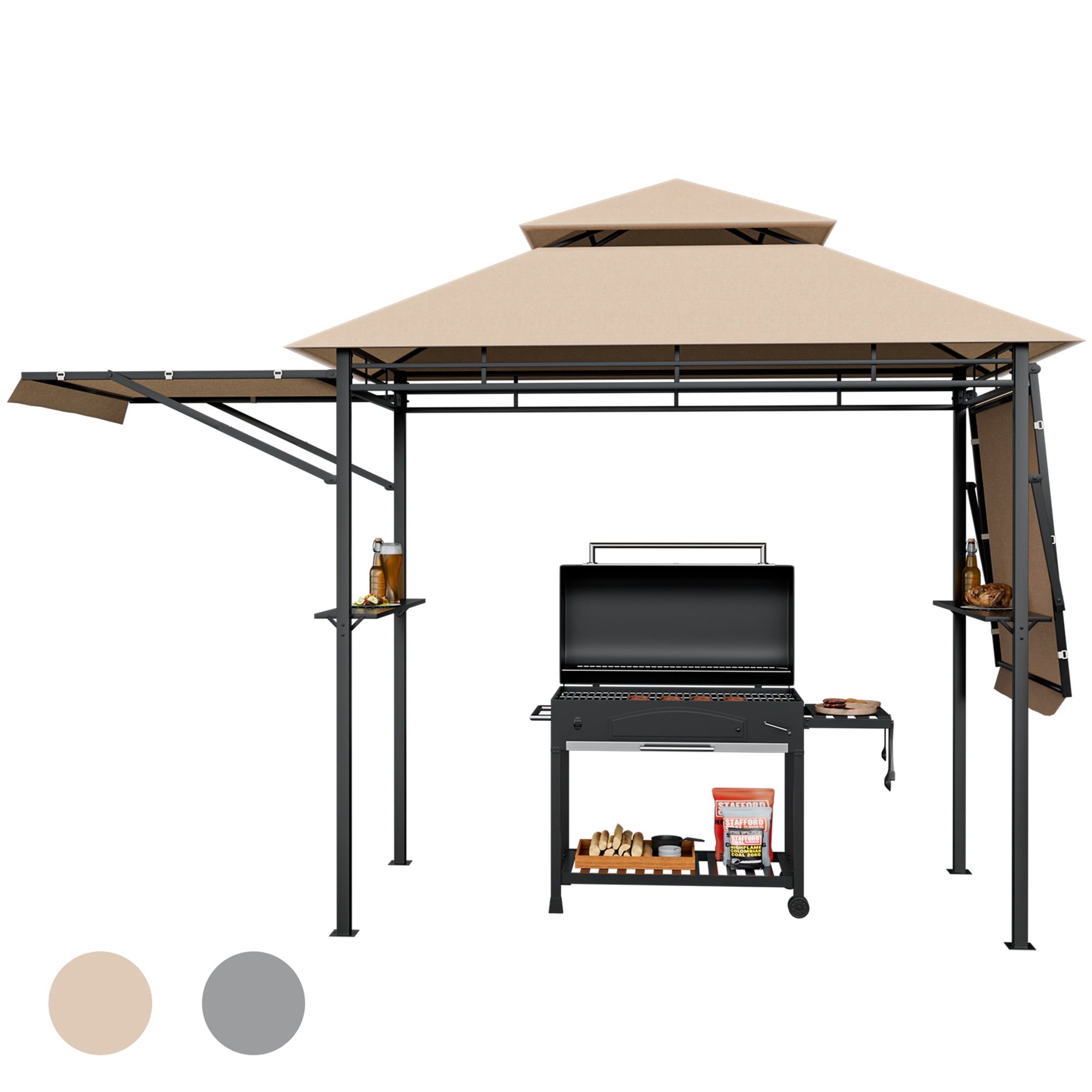 Beige and Black Steel Grill Gazebo with Side Awnings